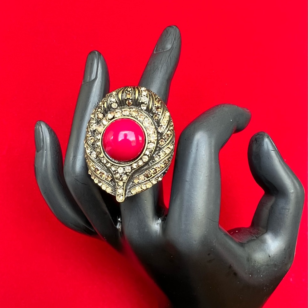 NWT Gold ring w/ rhinestones and Red center stone. OS
